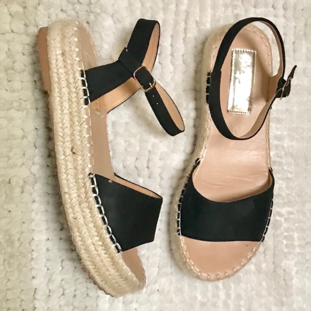 Cherish Espadrilles Heels Women size 9 Black Faux Suede Ankle Strap Open Toe
